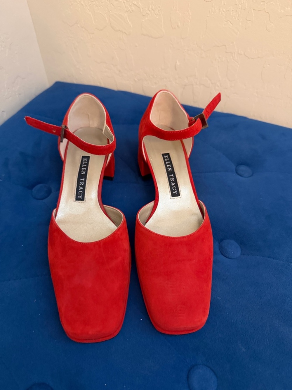 Ellen Tracy Red Suede Square Toe Ankle-Strap Block Heels